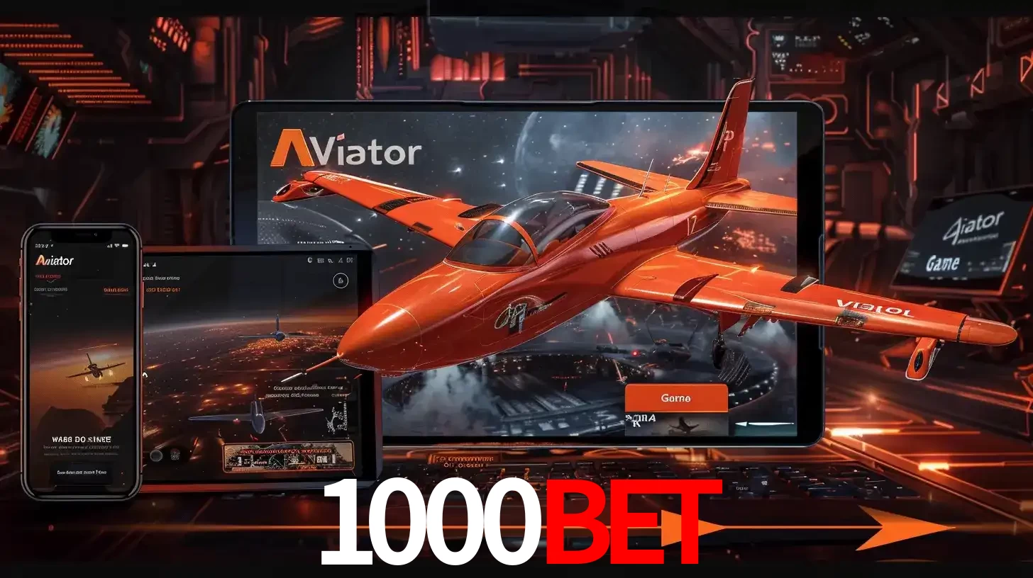 Apresentação tecnológica do jogo Aviator com um avião saindo da tela de um tablet, demonstrando a experiência imersiva em múltiplos dispositivos no 1000BET.
