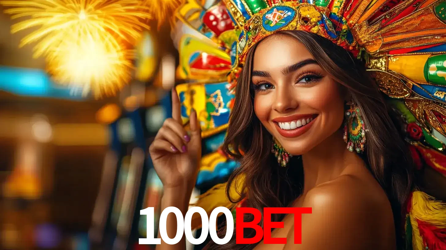 Mulher sorridente com um cocar de carnaval vibrante e colorido, celebrando uma grande vitória nos jogos do cassino 1000BET com fogos de artifício ao fundo.
