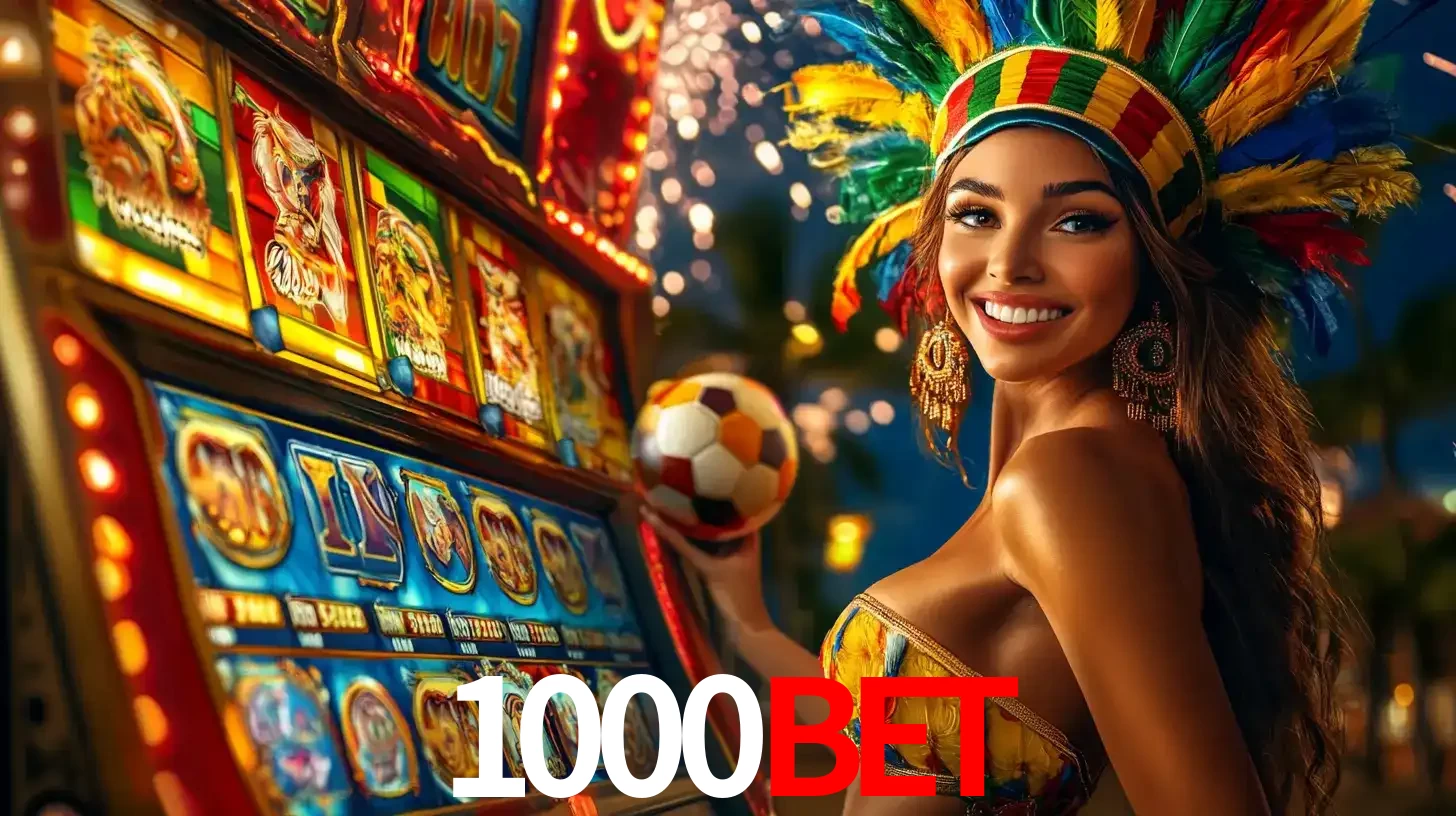 Mulher com um cocar de carnaval ao lado de uma máquina de caça-níqueis enquanto segura uma bola de futebol, mostrando a união da diversão de cassino e esportes no 1000BET.