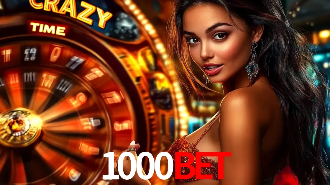 Mulher ao lado da roda de prêmios do jogo de cassino ao vivo Crazy Time, um dos shows de jogos mais emocionantes oferecidos pela plataforma de apostas 1000BET.