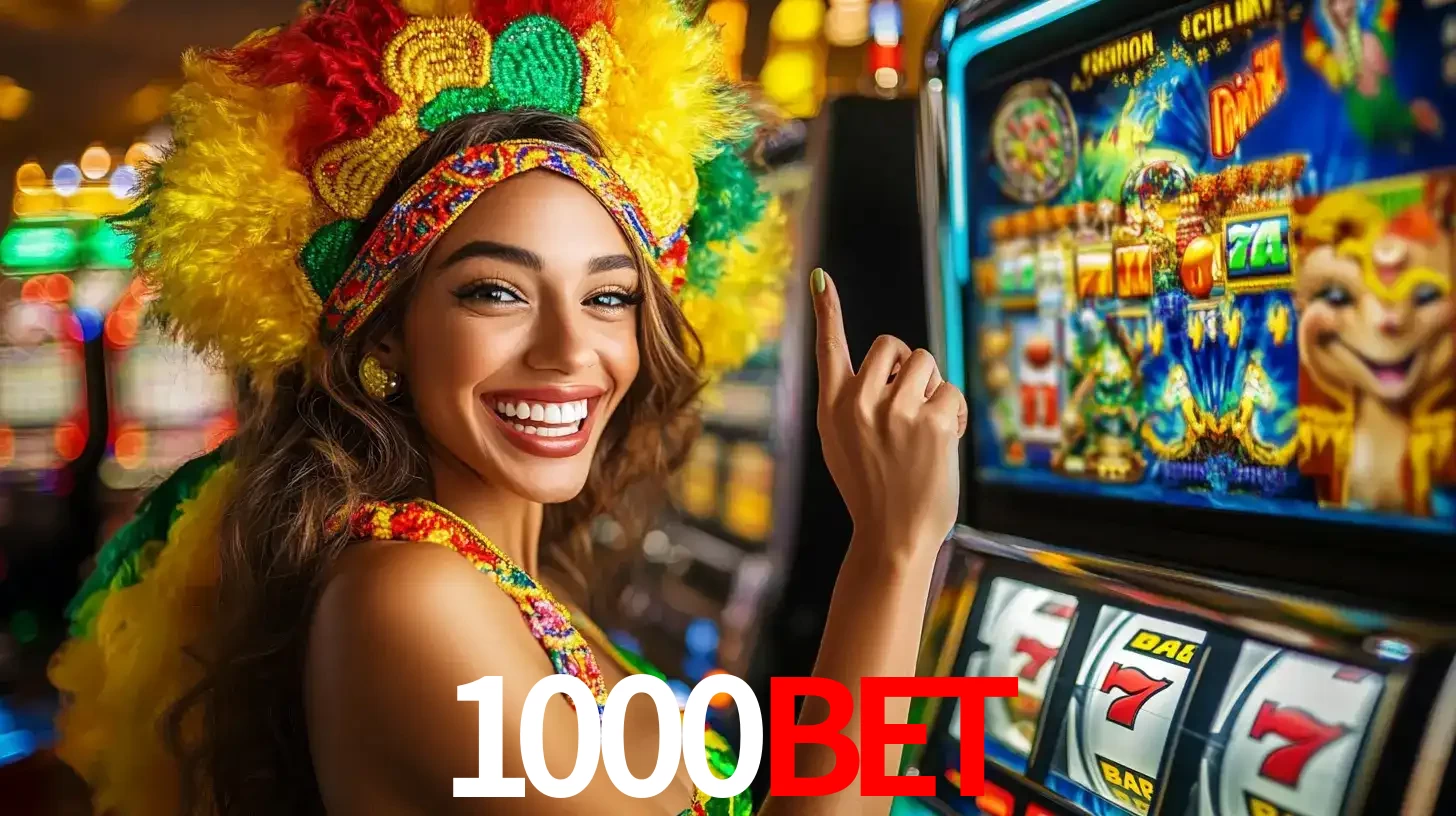 Mulher animada com um cocar de carnaval apontando para uma máquina de caça-níqueis, mostrando a emoção de ganhar um grande prêmio nos jogos do 1000BET.