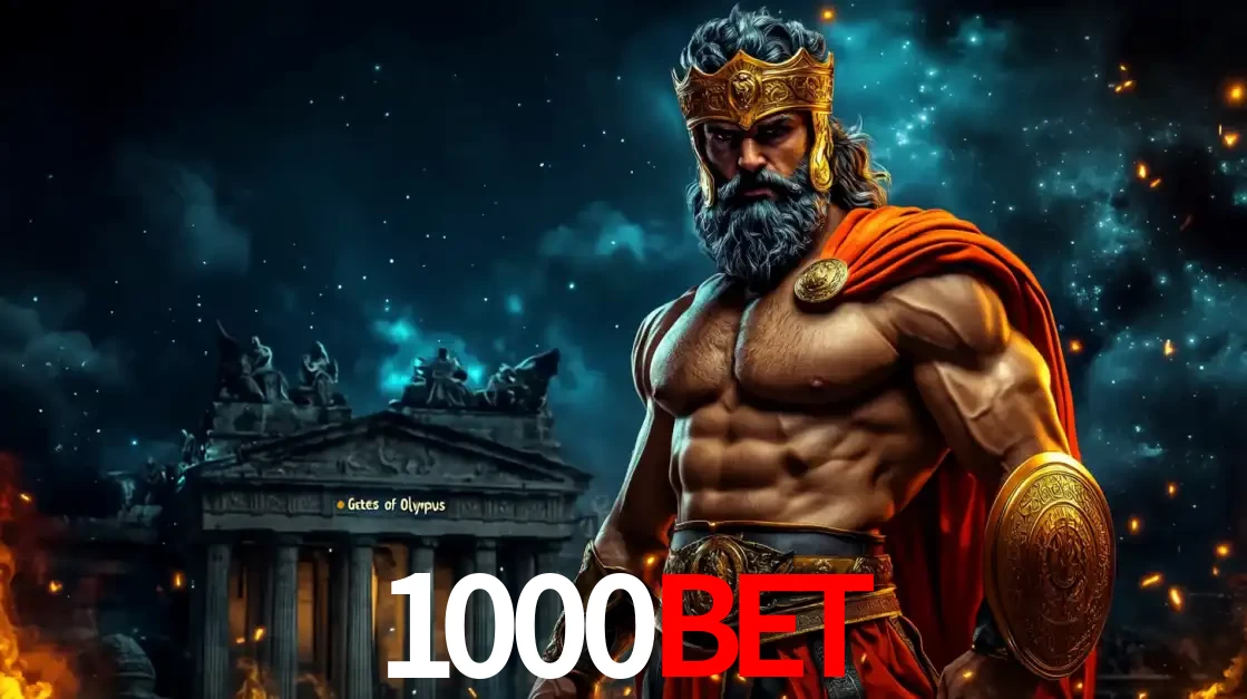 O poderoso Zeus do jogo de slot Gates of Olympus em frente ao seu templo, pronto para lançar multiplicadores divinos e prêmios épicos no cassino online 1000BET.