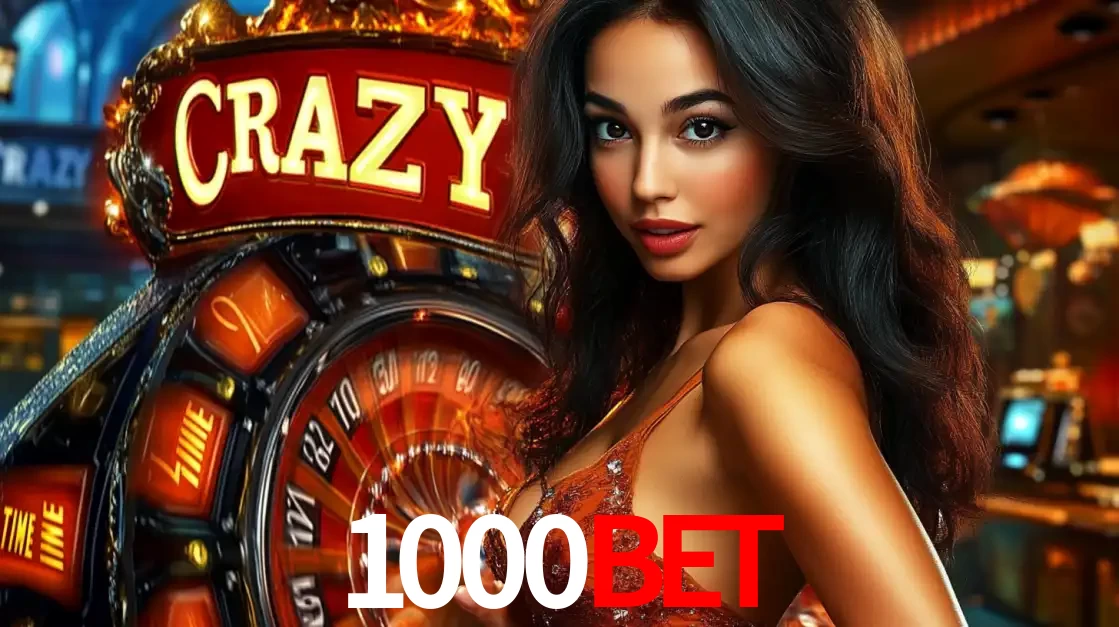 Mulher glamourosa olhando para a câmera com a roda vermelha do Crazy Time ao fundo em um ambiente de cassino, destacando a emoção dos jogos ao vivo no 1000BET.