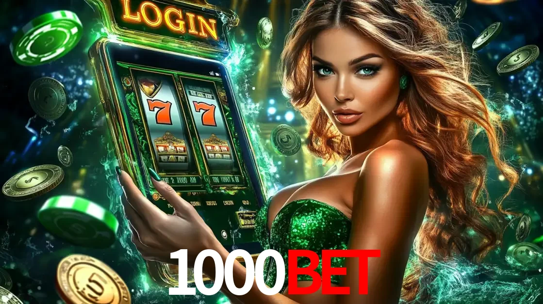 Mulher com tema verde apresentando o aplicativo do cassino 1000BET com um jogo de slot de 777, cercada por fichas de cassino e uma aura de sorte.