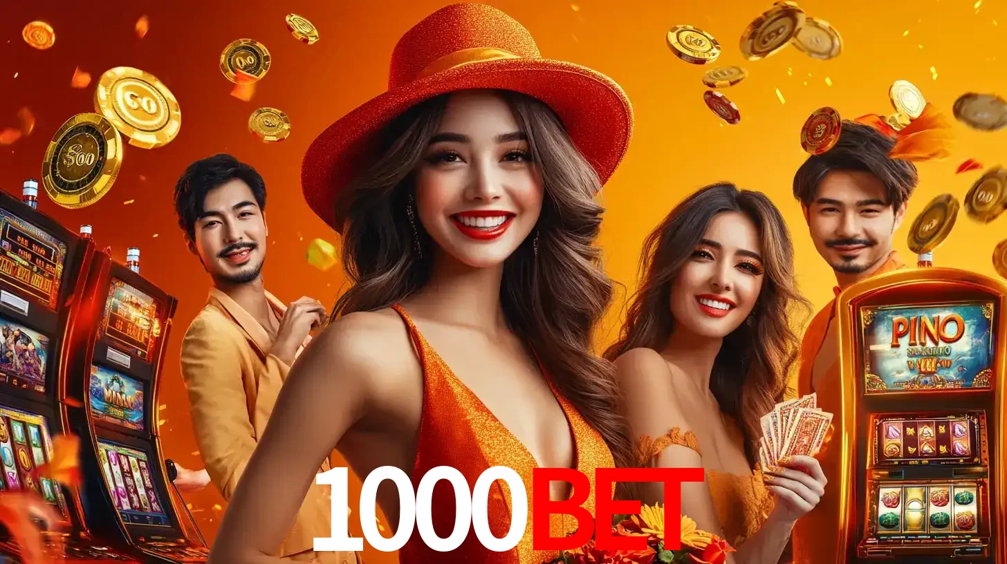 Grupo de amigos asiáticos sorrindo e se divertindo com máquinas de caça-níqueis em um ambiente festivo, celebrando suas vitórias nos jogos de cassino do 1000BET.