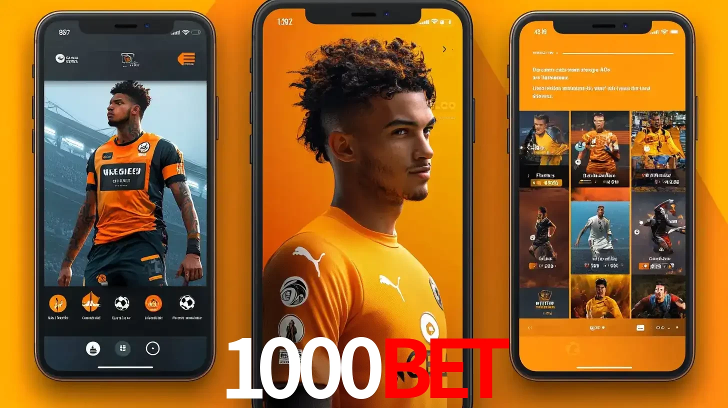 Interface do aplicativo de apostas esportivas 1000BET em três telas de celular, mostrando o perfil de um jogador de futebol e a lista de jogos disponíveis para apostar.
