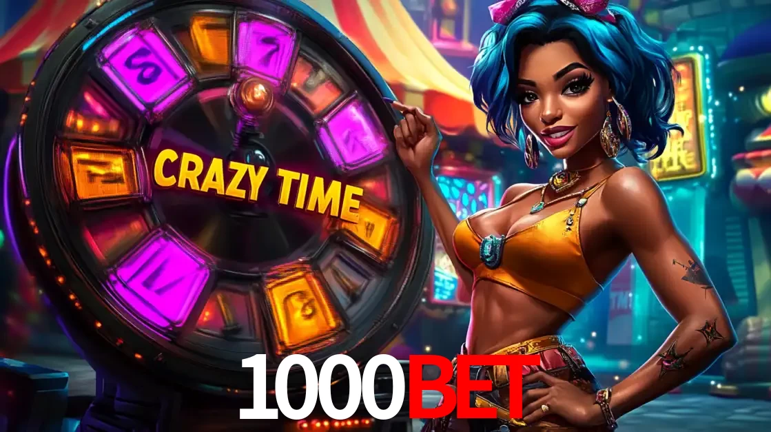 Mulher estilizada com cabelo azul e visual vibrante posando ao lado da roda de prêmios do game show Crazy Time, convidando para a diversão e os bônus do cassino 1000BET.