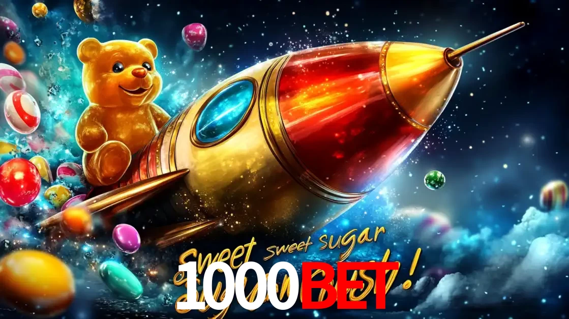 Arte promocional do jogo de slot Sugar Rush, com um urso de pelúcia em um foguete viajando pelo espaço de doces, um dos jogos divertidos disponíveis no cassino 1000BET.