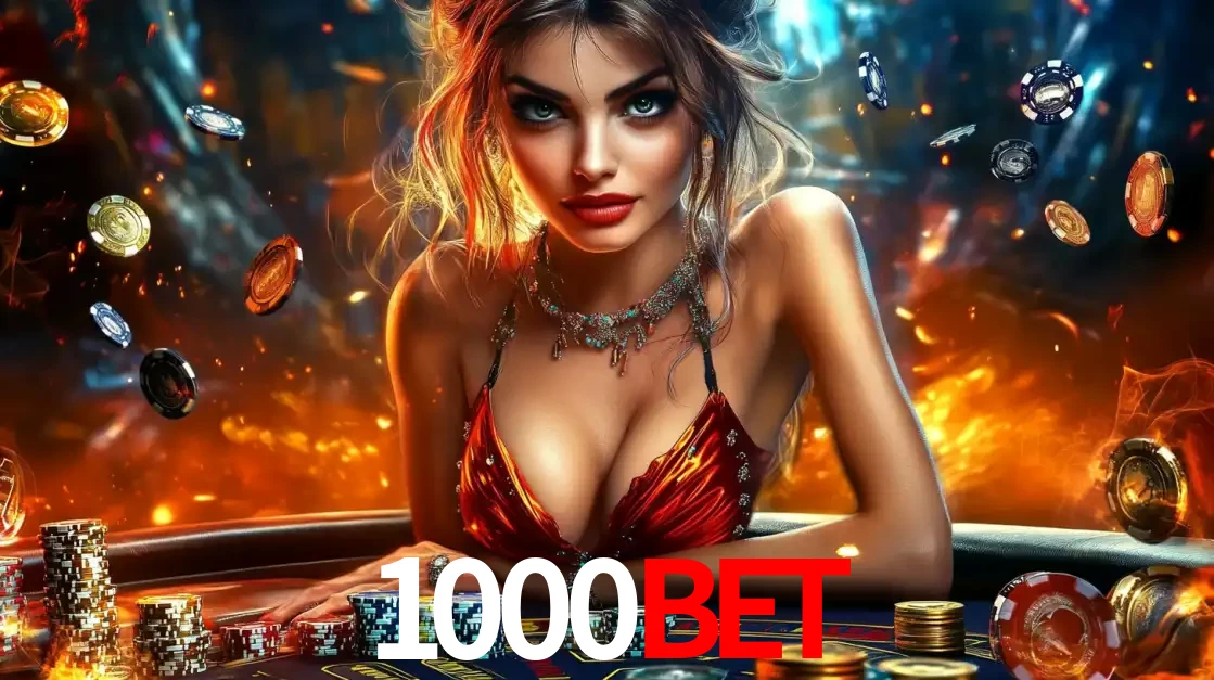 Mulher em uma mesa de cassino com pilhas de fichas e um fundo de fogo, pronta para uma rodada de altas apostas nos jogos de mesa emocionantes do cassino 1000BET.
