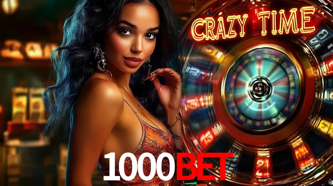 Mulher elegante ao lado da vibrante roda da fortuna do jogo de cassino ao vivo Crazy Time, um dos game shows mais populares e cheios de prêmios do 1000BET.