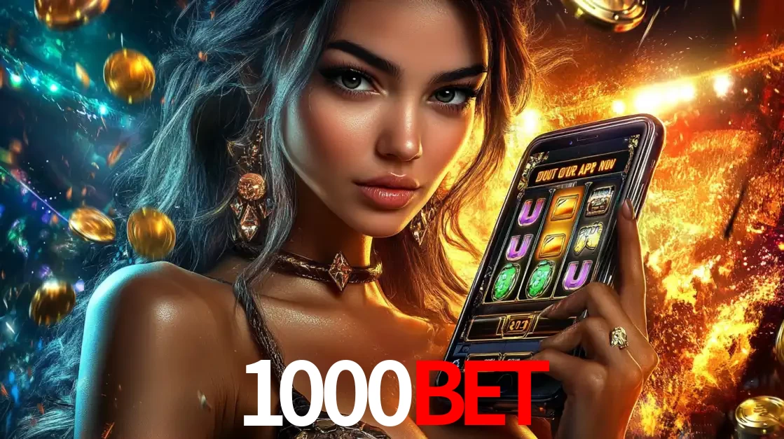 Mulher elegante mostrando um jogo de caça-níqueis em seu smartphone, destacando a experiência de cassino móvel oferecida pelo aplicativo 1000BET.