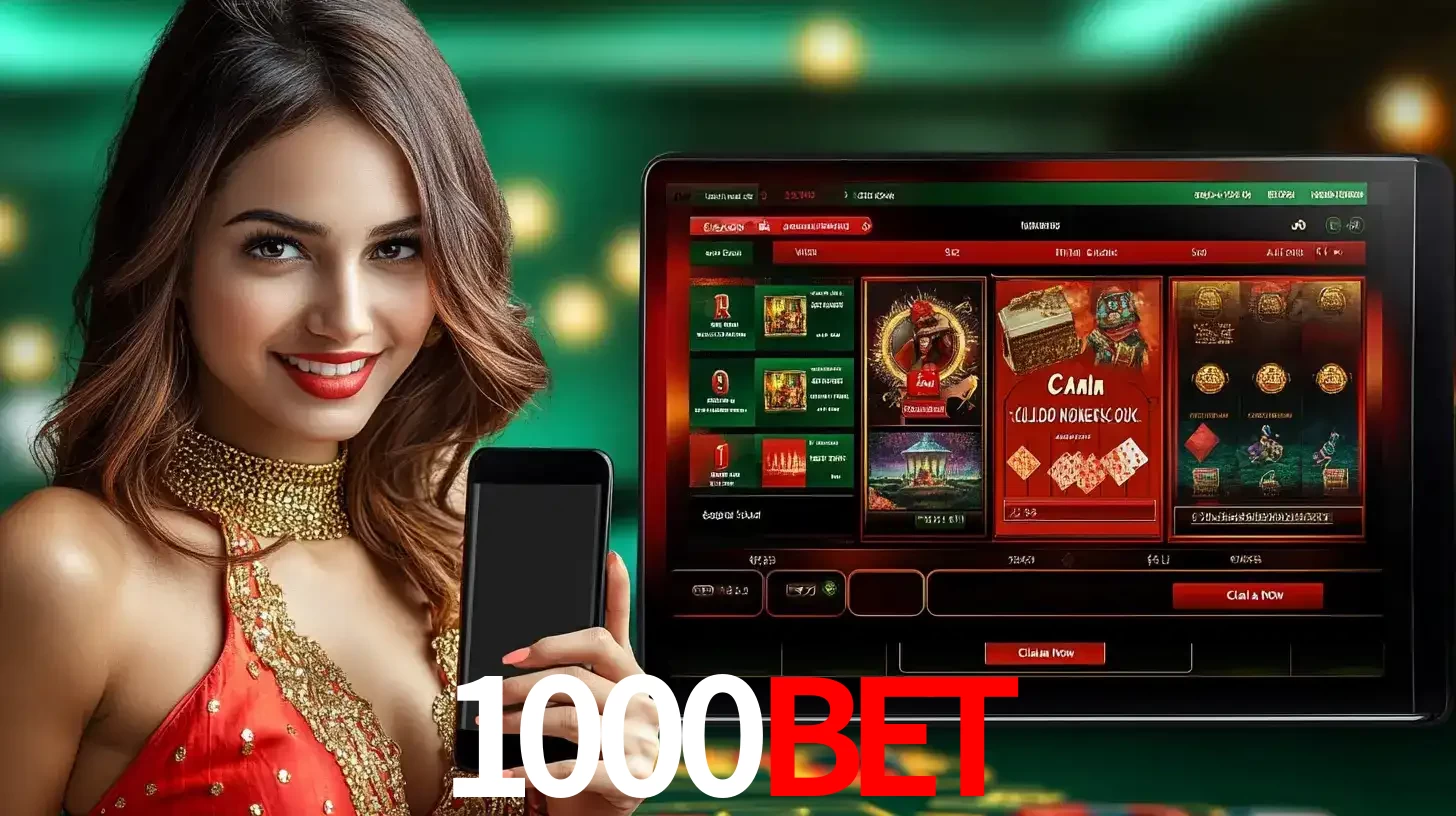 Mulher sorridente segurando um smartphone, ao lado de uma tela exibindo o lobby de jogos do cassino online 1000BET, com várias opções de jogos de cartas e slots.
